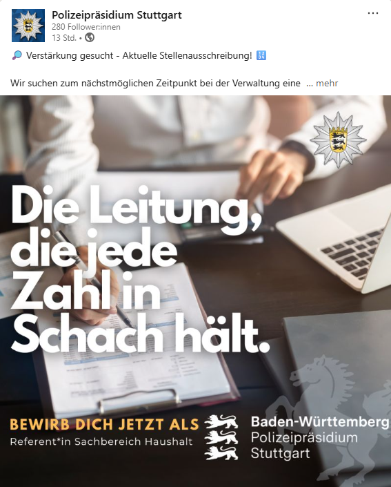 Stellenangebot der Polizei Stuttgart auf LinkedIn