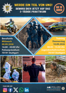 Flyer zum zweitägigen Erwachsenenpraktikum des Polizeipräsidiums Stuttgart mit Eindrücken aus dem Polizeialltag und praktischen Einsatzübungen.