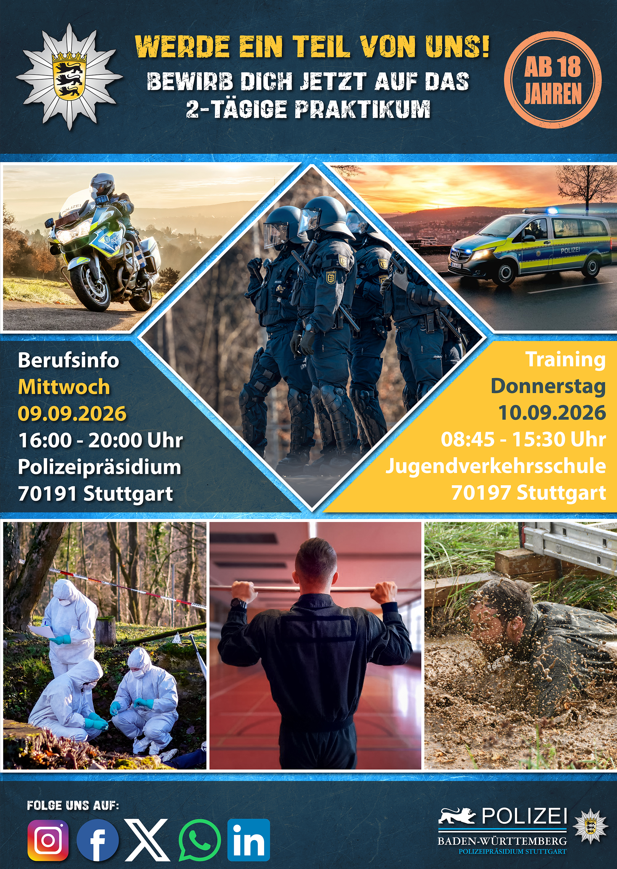 Flyer zum zweitägigen Erwachsenenpraktikum des Polizeipräsidiums Stuttgart mit Eindrücken aus dem Polizeialltag und praktischen Einsatzübungen.