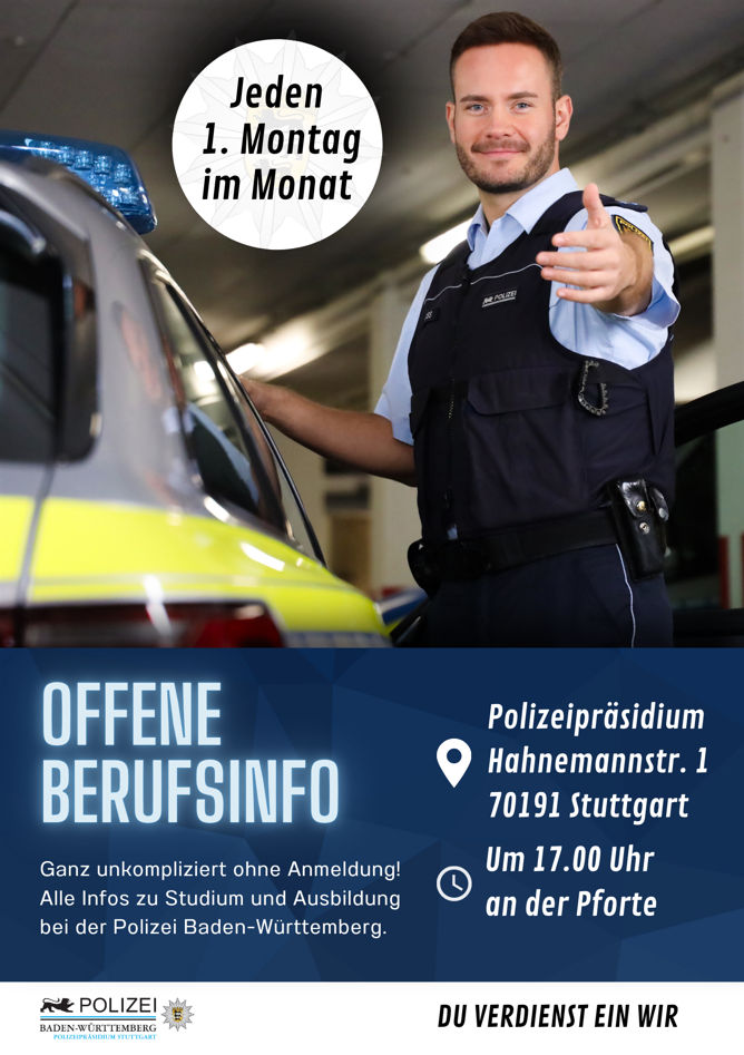 Offene Berufsinfo der Polizei Stuttgart: Polizeibeamter neben einem Streifenwagen lädt zur Berufsinformation über Ausbildung und Studium ein.
